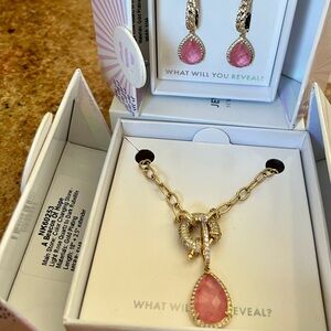 Bomb Party Mental Health Matching Pink on Gold Teardrop  Necklace & Earrings Set